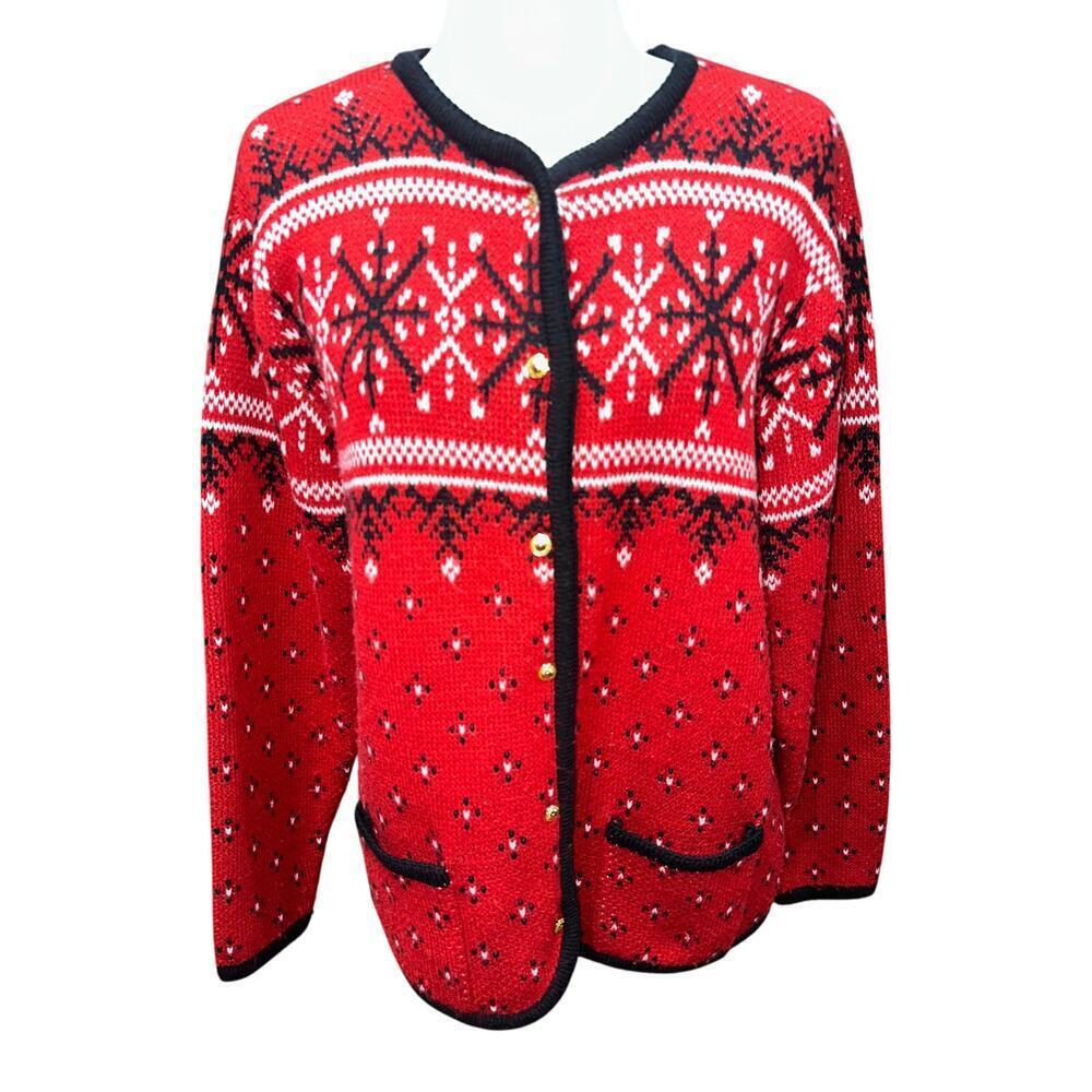 Christmas Sweater Cardigan Croft & Barrow Full Button Red Snowflakes Winter L